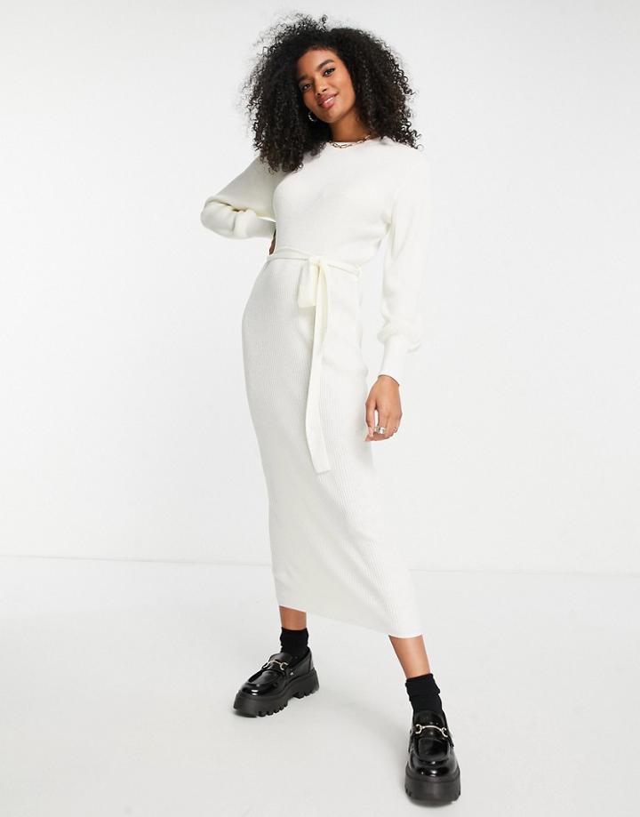Pretty Lavish Tie Waist Knitted Midaxi Dress In Cream-white