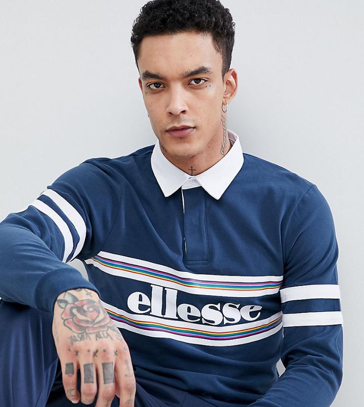 Ellesse Long Sleeve Polo Shirt With Logo Panel In Navy - Navy