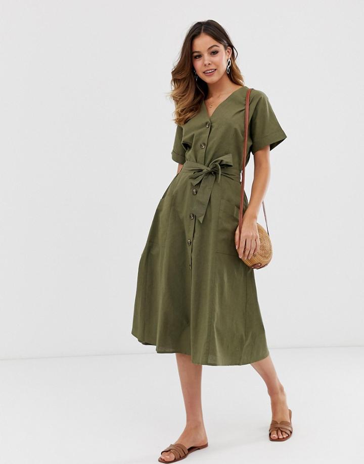 Warehouse Shirt Dress With Belt In Khaki - Green