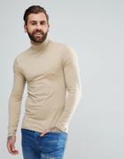 Asos Long Sleeve Muscle Fit Roll Neck T-shirt In Beige - Beige