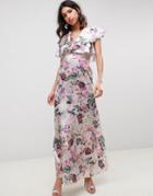 Asos Design Lace Insert Ruffle Maxi Dress In Pretty Floral Print-multi