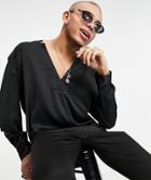 Asos Design Oversized Satin Overhead V-neck Shirt With Notch Neck-black