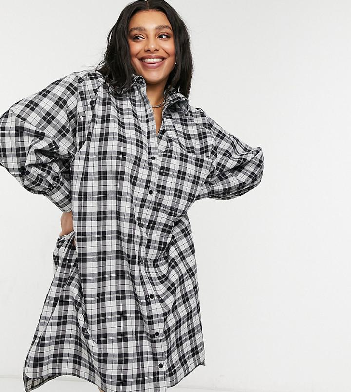 Asos Design Curve Oversized Boyfriend Mini Shirt Dress In Mono Check-multi