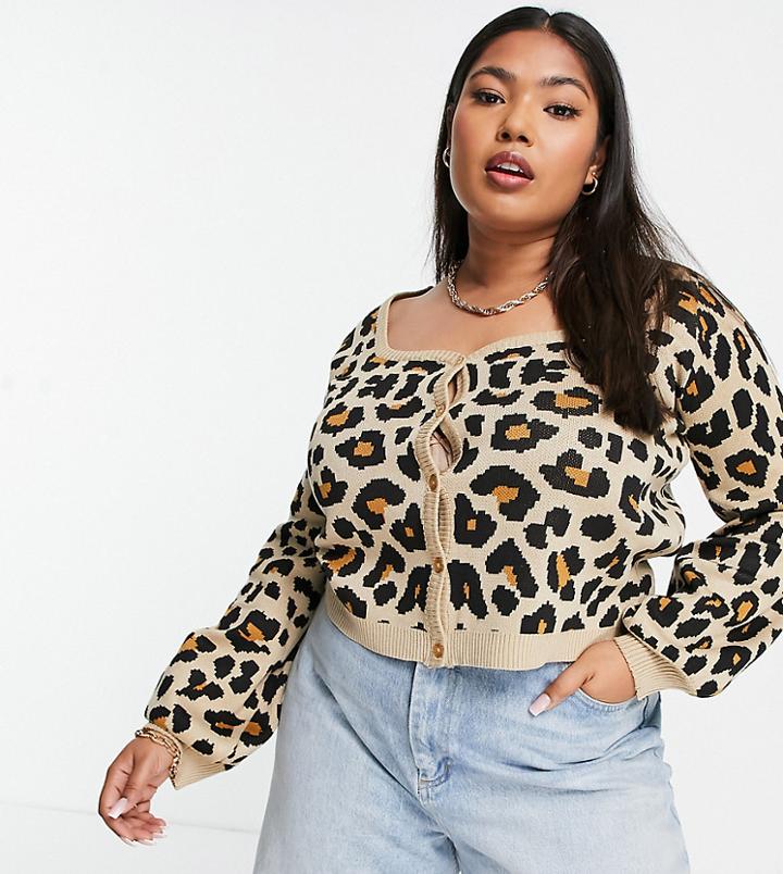 Daisy Street Plus 90s Cropped Cardigan In Leopard Print-multi