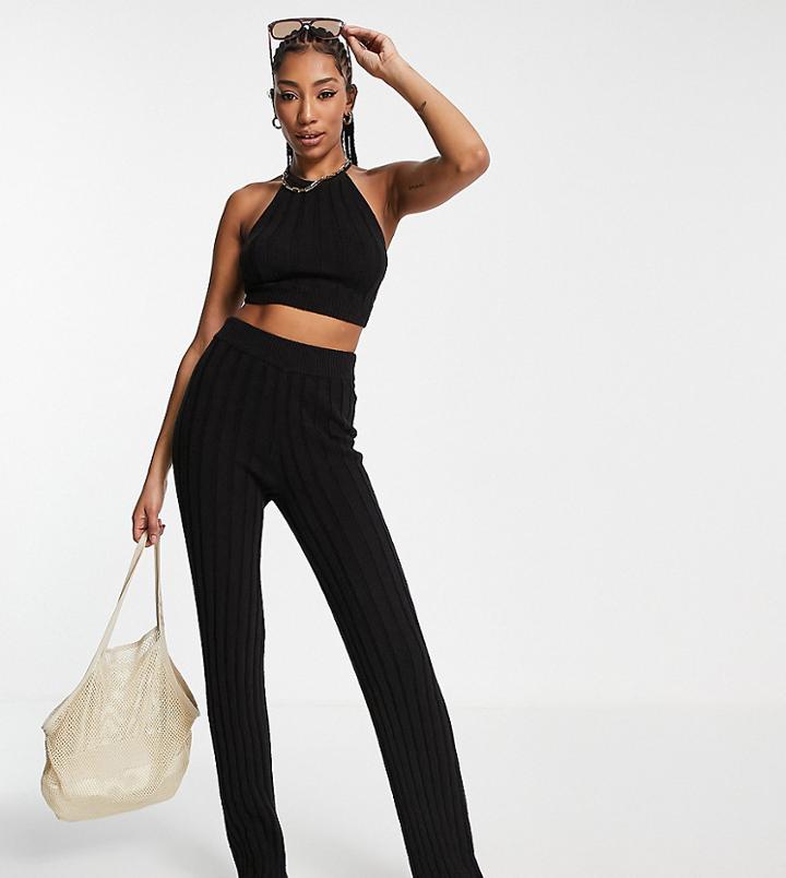 Asos Design Tall Knitted Wide Leg Pants In Natural Boucle Yarn - Part Of A Set-black