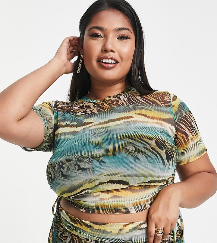 River Island Plus Mesh Ruched Top In Blue - Part Of A Set