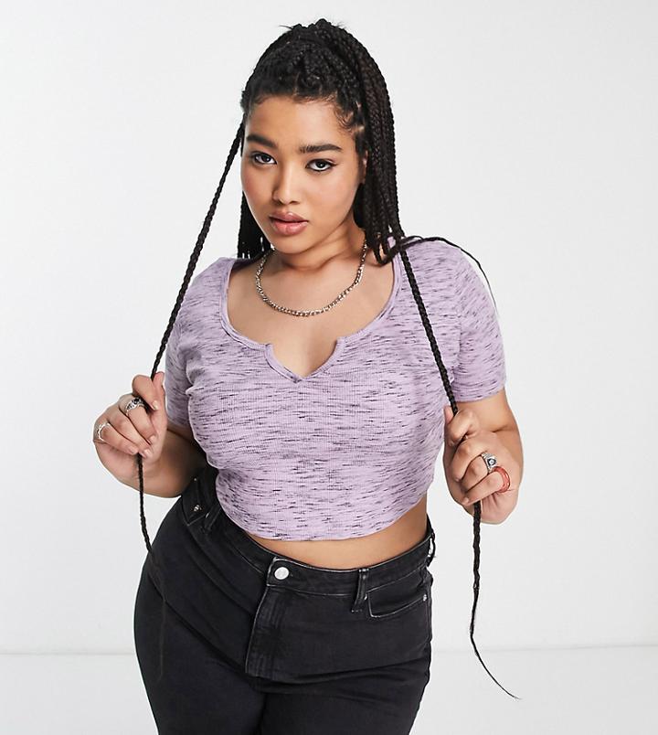 Asos Design Curve Fitted Crop Top With Notch Neck In Lilac & Black Heather Rib-multi