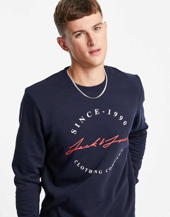 Jack & Jones Logo Crew Neck Sweatshirt In Navy