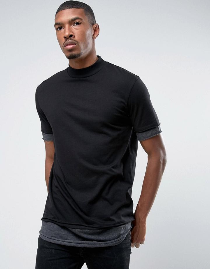 Asos Longline T-shirt With Turtleneck And Layering In Black/charcoal Marl - Black