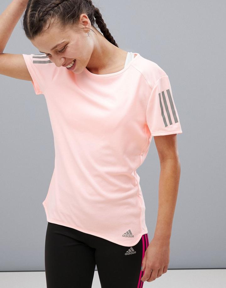 Adidas Running Three Stripe Tee In Peach - Pink