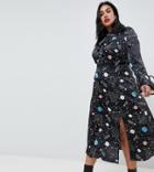 Asos Design Curve Star And Moon Maxi Dress With Fluted Sleeve - Multi
