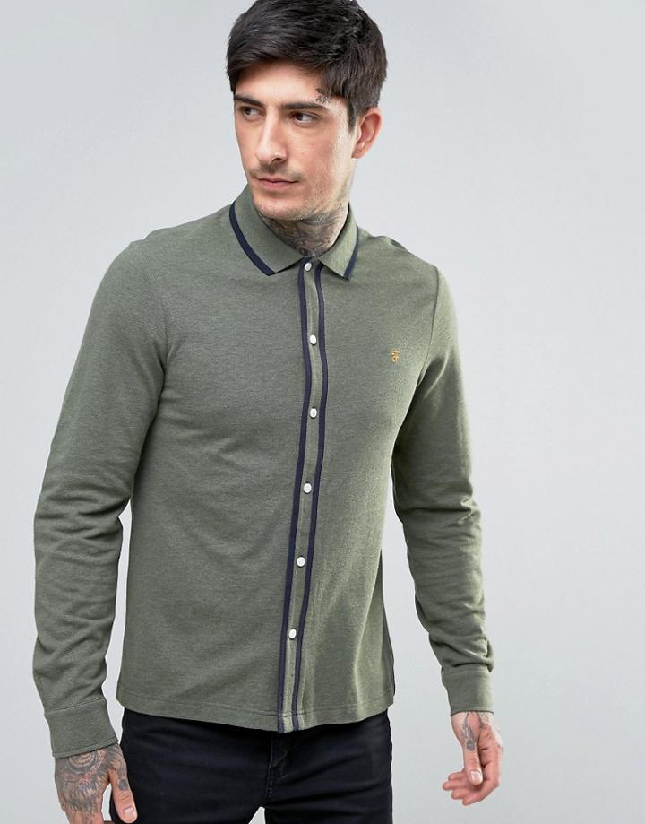 Farah Homerton Pique Shirt Long Sleeve Tipped Slim Fit In Green Marl - Green