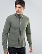 Farah Homerton Pique Shirt Long Sleeve Tipped Slim Fit In Green Marl - Green