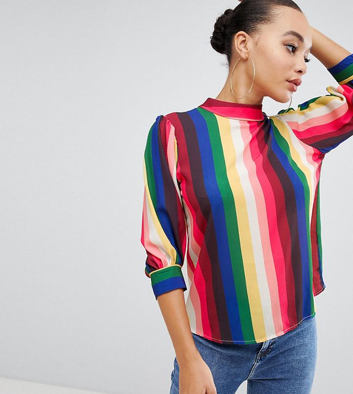 Boohoo Rainbow Stripe Balloon Sleeve Blouse - Multi