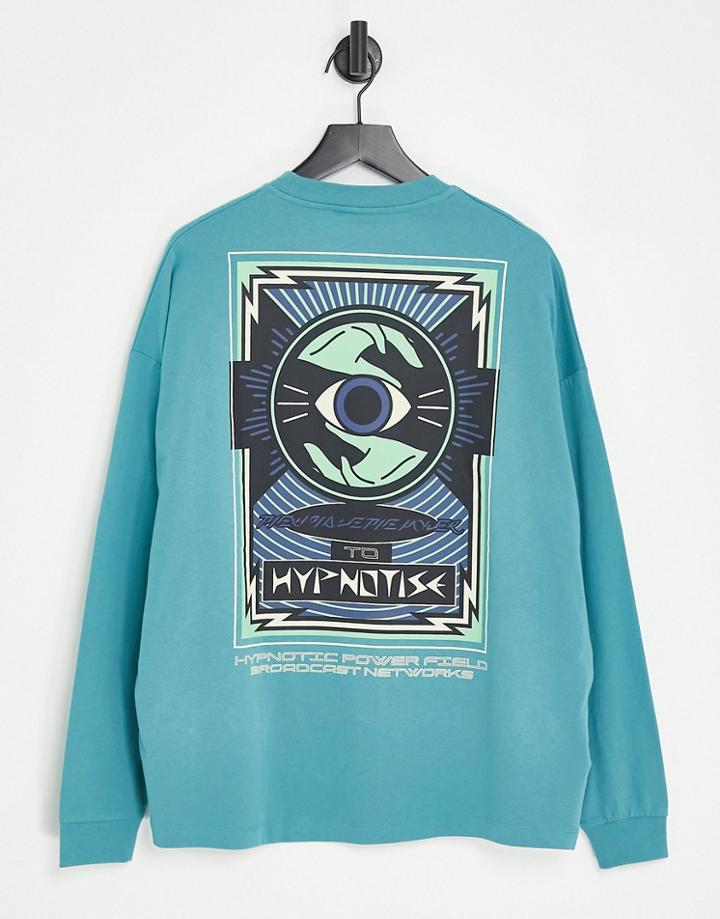 Asos Design Oversized Long Sleeve T-shirt In Blue With Mystic Back Print-green