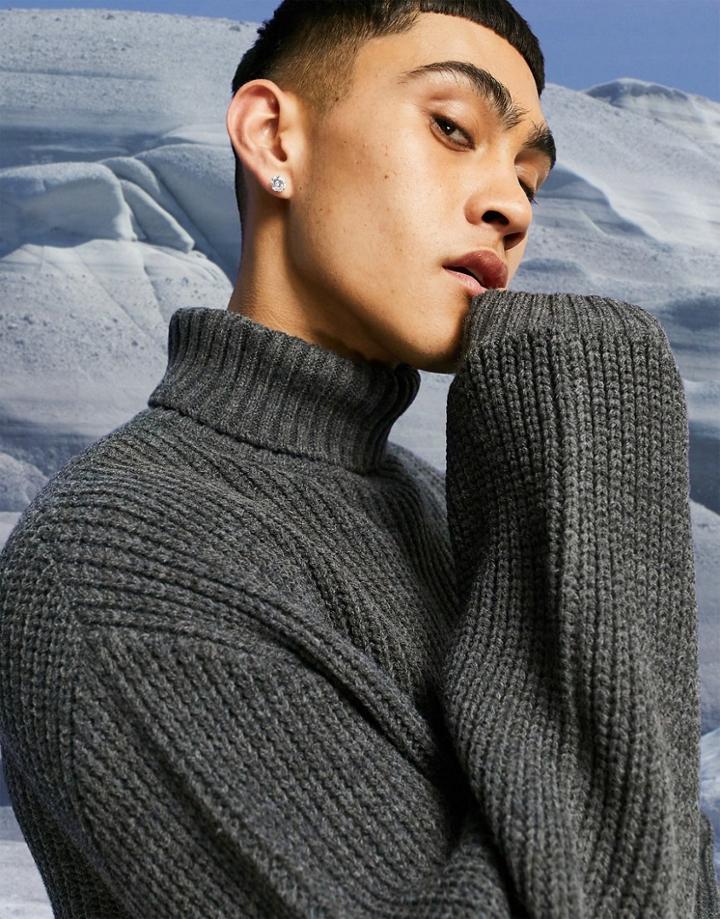Asos Design Knitted Oversized Fisherman Rib Roll Neck Sweater In Charcoal-grey