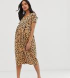 Asos Design Maternity Pleated Skirt Midi Dress With Button Detail In Animal Print - Multi