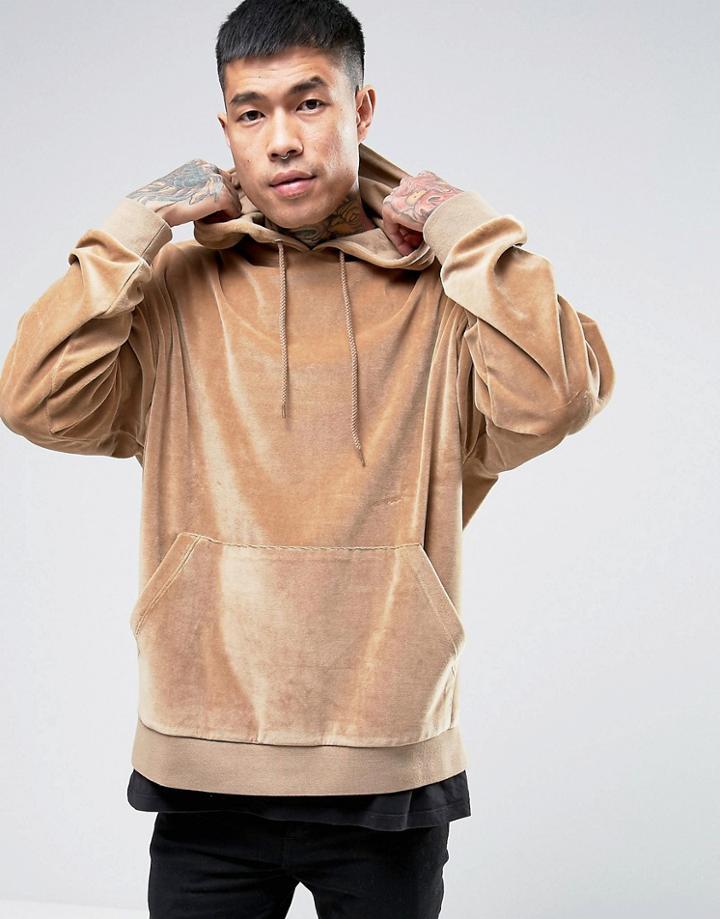 Asos Oversized Velour Hoodie In Beige - Beige