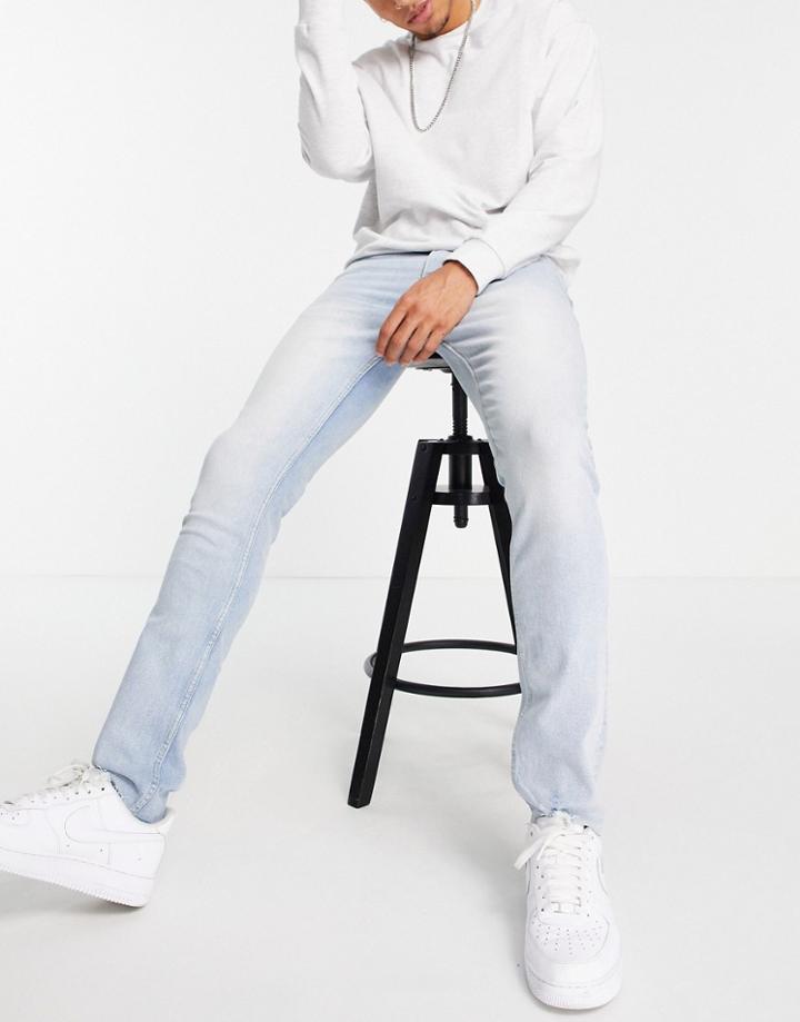 Topman Organic Cotton Blend Stretch Skinny Raw Hem Jeans In Bleach-blues