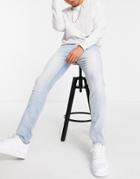 Topman Organic Cotton Blend Stretch Skinny Raw Hem Jeans In Bleach-blues
