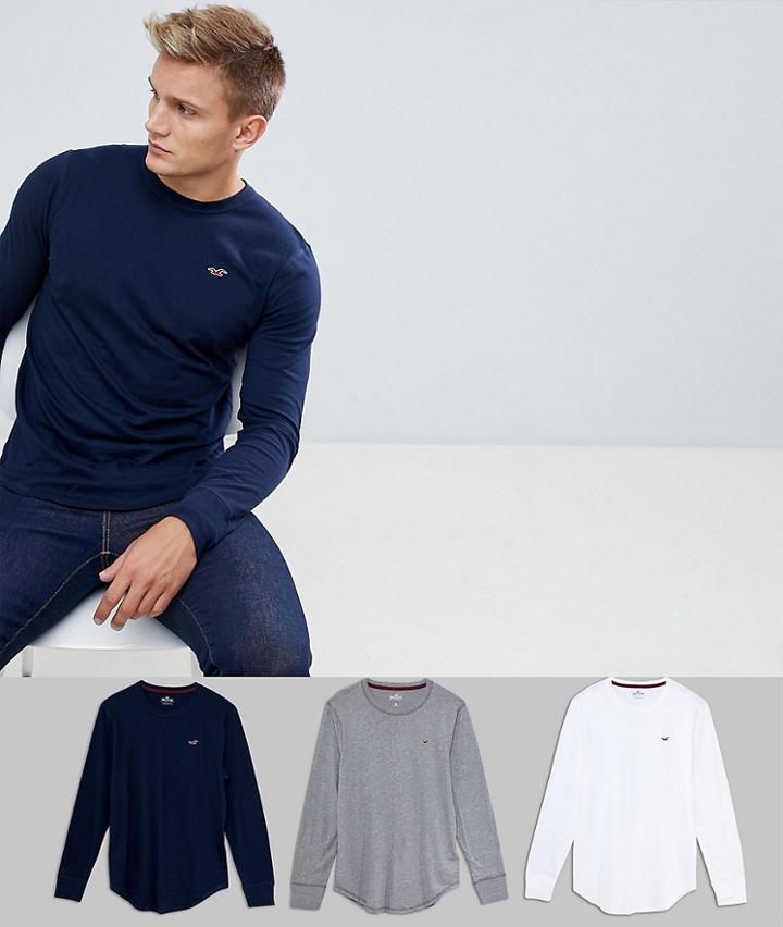 Hollister 3 Pack Seagull Logo Long Sleeve Top In White/navy & Gray Marl - Multi
