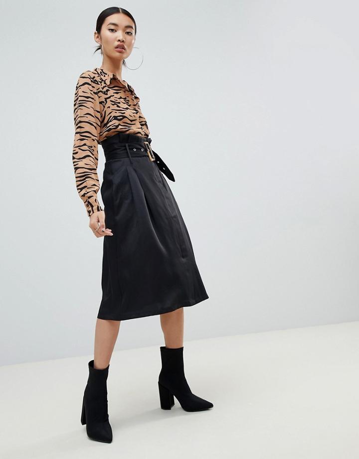 Na-kd Paperbag Detail Midi Skirt In Black - Black