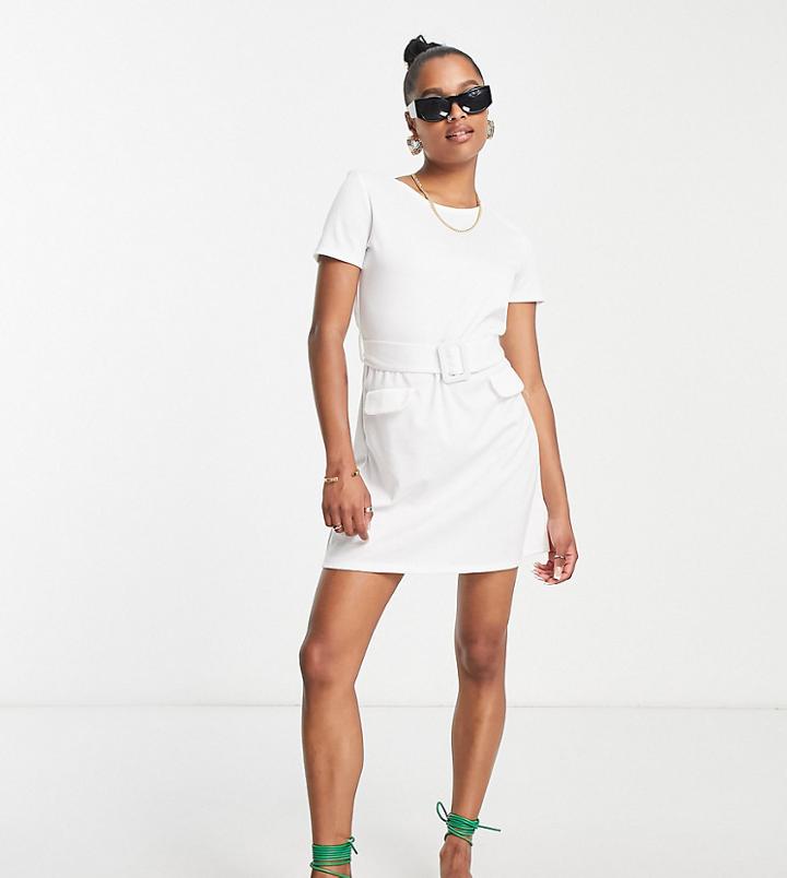 River Island Petite Belted Shift Mini Dress In White