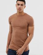 Asos Design Muscle Fit Crew Neck T-shirt With Roll Sleeve In Beige - Brown