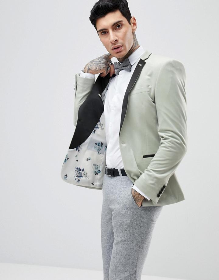Asos Wedding Super Skinny Blazer In Sage Green Velvet - Green