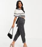 In The Style Petite X Lorna Luxe Exclusive Puff Sleeve Milkmaid Top With Shirred Waistband In Mono Geo Print-multi