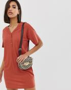 Asos Design Popper Front T-shirt Dress In Rib-red