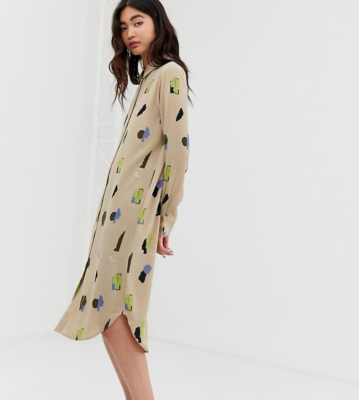 Monki Midi Shirt Dress With Face Print In Beige - Beige