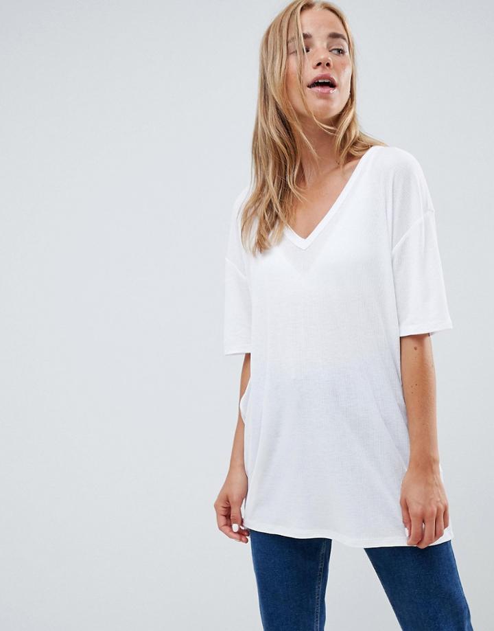 Asos Design Oversized V-neck T-shirt In Lightweight Rib In White - White