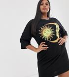 Rokoko Plus Oversized T-shirt Dress With Sun And Moon Graphic - Black
