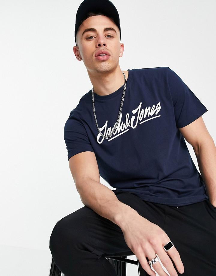 Jack & Jones Script Logo T-shirt In Navy