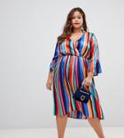 Influence Plus Flared Sleeve Stripe Wrap Dress In Rainbow Stripe - Multi