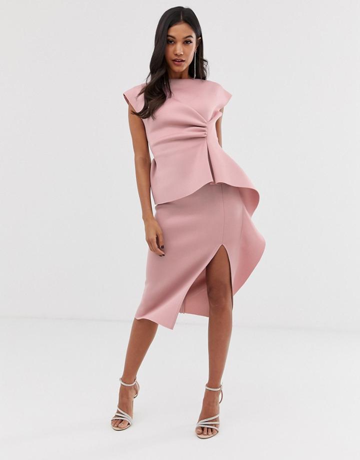 Asos Design Peplum Pencil Midi Dress With Tuck Detail - Pink