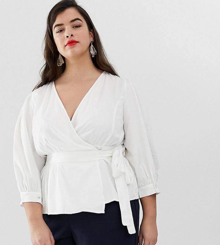 Vero Moda Curve Wrap 3/4 Sleeve Blouse In White - White