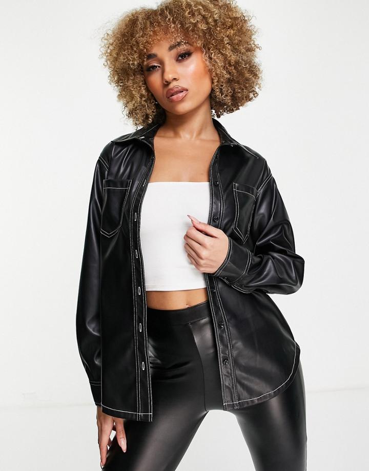 Aria Cove Vegan Friendly Leather Contrast Stitch Oversized Shirt In Black