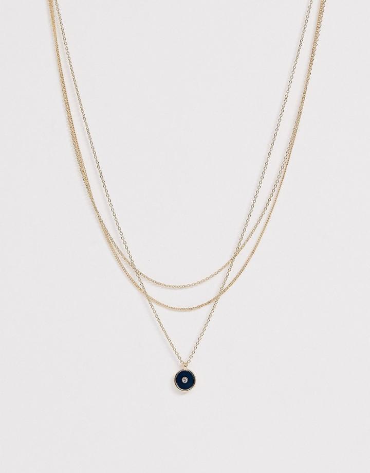 Asos Design Multirow Necklace With Fine Chain And Enamel Pendant In Gold Tone - Gold