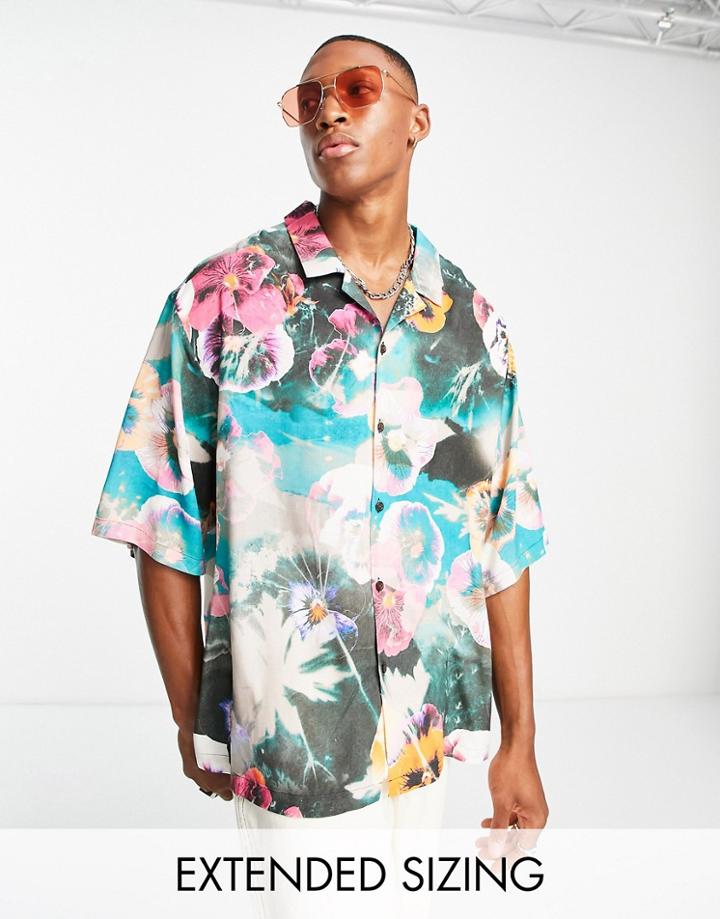 Asos Design Dropped Shoulder Oversized Revere Shirt In Bright Floral Print-multi