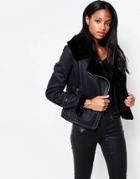 Barney's Originals Asymmetric Pu Jacket With Faux Fur Collar & Sleeves - Black