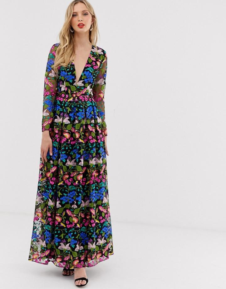 Asos Edition V Neck Embroidered Maxi Dress - Multi