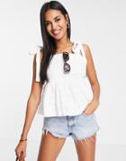 Asos Design Square Neck Smock Sun Top With Tie Straps In Textured Grid In White