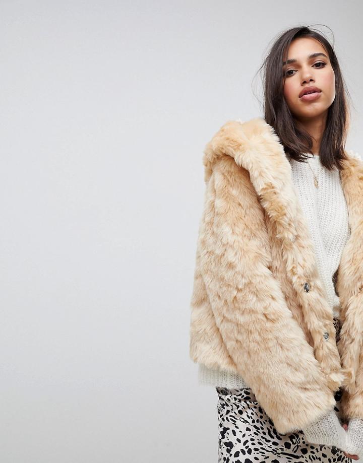 Asos Design Hooded Fluffy Faux Fur Coat - Cream