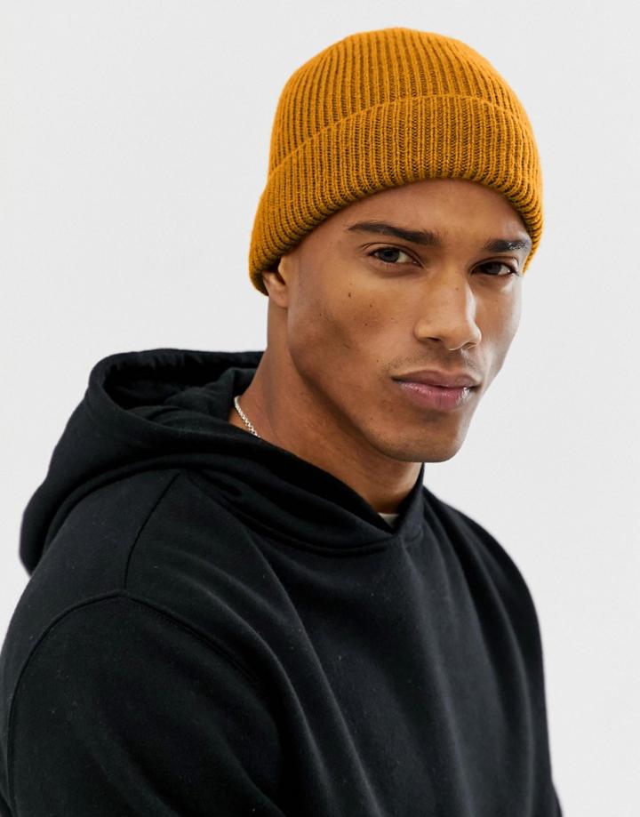 Asos Design Fisherman Beanie In Mustard Recycled Polyester - Yellow