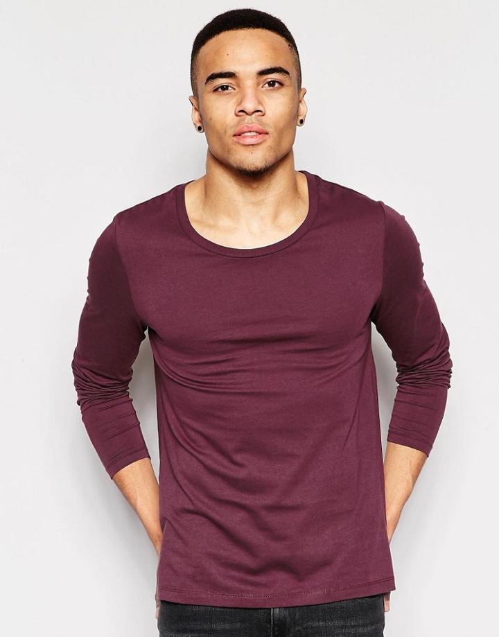 Asos Long Sleeve T-shirt With Scoop Neck In Purple - Purple