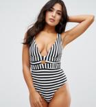 Asos Fuller Bust Exclusive Mono Stripe Deep Plunge Swimsuit Dd-g - Multi