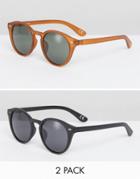 Asos Round Sunglasses 2 Pack In Crystal Brown And Black Save - Multi
