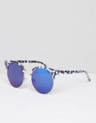 7x Marble Print Half Frame Retro Round Sunglasses With Blue Revo Lense